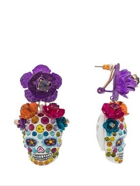 Betsey Johnson Skull Drop Earrings with Floral Accent - NWT